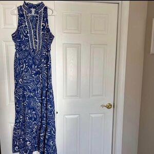London Times Blue and White Paisley Trim Maxi Dress